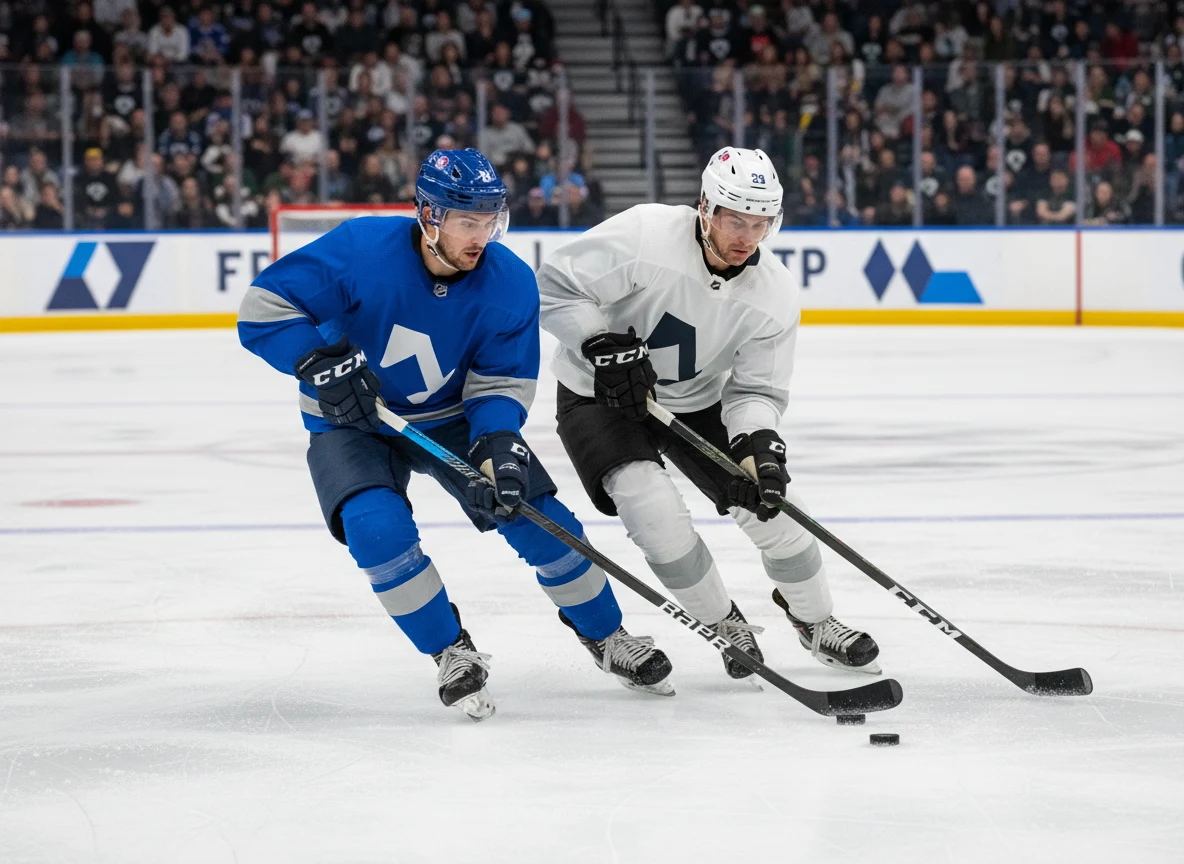 Zwei Eishockeyspieler im Zweikampf um den Puck auf dem Eis.