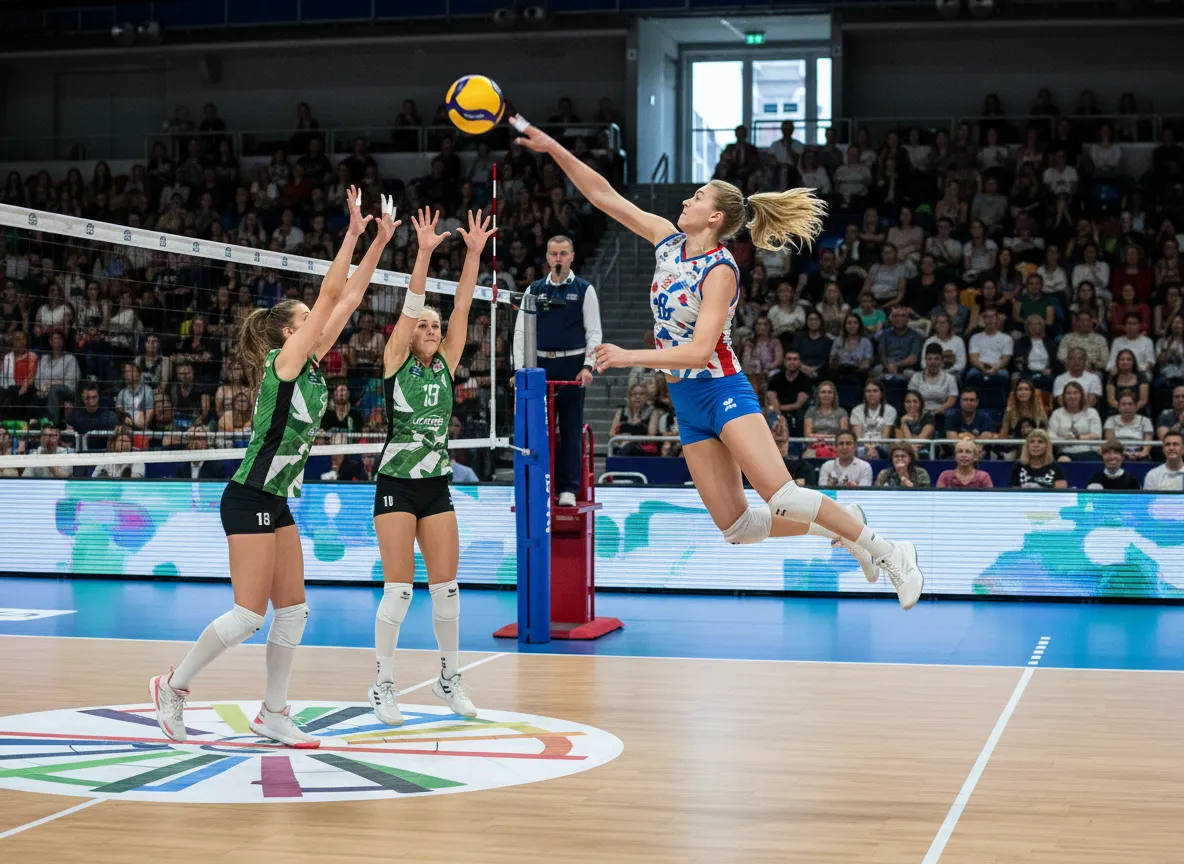 Eine Beachvolleyballspielerin springt zum Angriff am Netz hoch.
