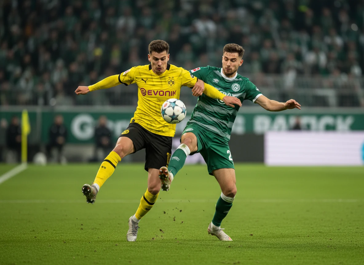 Fußballspiel zwischen Borussia Dortmund und Werder Bremen mit Zweikampf im Mittelfeld