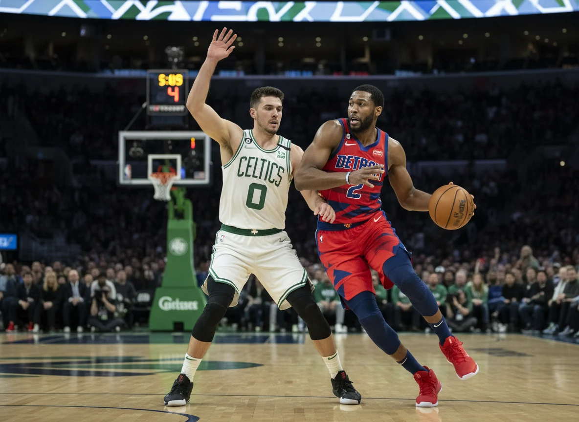 Basketballspieler der Detroit Pistons und Boston Celtics bei einem Wurfversuch