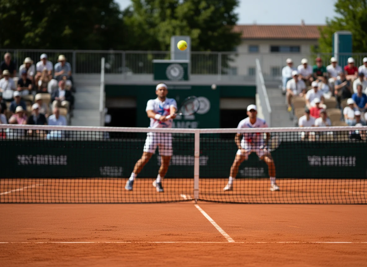 Tennisball auf einem roten Sandplatz an der Grundlinie.