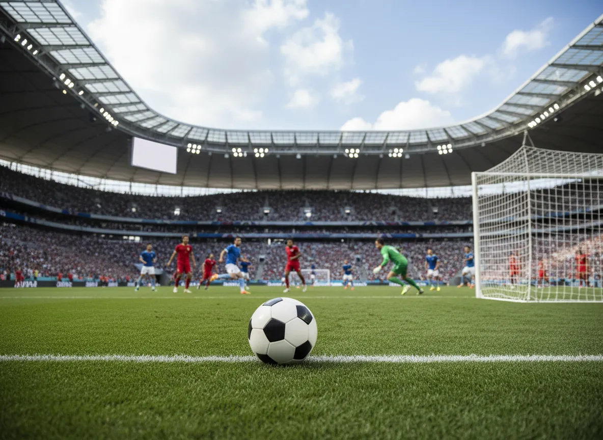 Fußball auf dem Rasen vor einer Torlinie in einem Stadion.